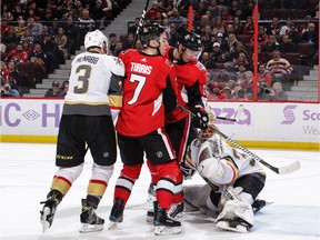 Vegas Golden Knights v Ottawa Senators

OTTAWA, ON - NOVEMBER 4: Maxime Lagace #33 of the Vegas Golden Knights makes a trapper save as Alexandre Burrows #14 and Kyle Turris #7 of the Ottawa Senators look for the rebound and Brayden McNabb #3 of the Vegas Golden Knights defends the net at Canadian Tire Centre on November 4, 2017 in Ottawa, Ontario, Canada.  (Photo by Jana Chytilova/Freestyle Photography/Getty Images)
Jana Chytilova/Freestyle Photo, Getty Images