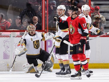Ryan Dzingel #18 of the Ottawa Senators celebrates his third-period goal.