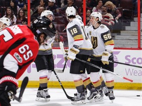 Erik Haula #56 of the Vegas Golden Knights celebrates his third-period power-play goal.