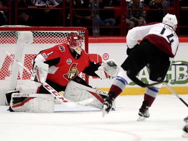 Blake Comeau of Colorado Avalanche scores the opening goal, short handed.