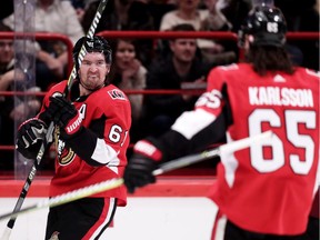 The red-hot Mark Stone of Ottawa Senators celebrates after scoring in the 4-3 win over the Colorado Avalanche on Saturday, Nov. 11, 2017 in Stockholm.