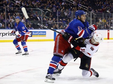 Ottawa Senators v New York Rangers

NEW YORK, NY - NOVEMBER 19:  Jesper Fast #17 of the New York Rangers hits Derick Brassard #19 of the Ottawa Senators during the first period at Madison Square Garden on November 19, 2017 in New York City.  (Photo by Bruce Bennett/Getty Images)
Bruce Bennett, Getty Images