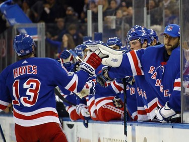 Kevin Hayes #13 of the New York Rangers tcelebrates his goal at 4:46 of the second period against he Ottawa Senators at Madison Square Garden on November 19, 2017 in New York City.  (Photo by Bruce Bennett/Getty Images)