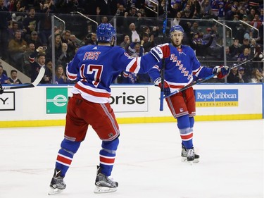 Kevin Hayes #13 of the New York Rangers (r) celebrates his goal at 4:46 of the second period against he Ottawa Senators and is joined by Jesper Fast #17 at Madison Square Garden on November 19, 2017 in New York City.  (Photo by Bruce Bennett/Getty Images)