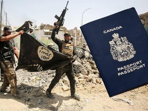 Members of the Iraqi Counter-Terrorism Service (CTS) cheer as they carry upside-down a black flag of the Islamic State (IS) group, with the destroyed Al-Nuri mosque seen in the background, in the Old City of Mosul on July 2, 2017, during the offensive to retake the city from IS fighters.