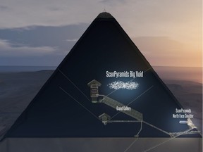 This handout 3D artistic view made by the ScanPyramids mission and released on November 2, 2017 by the Nature Publishing Group shows a hidden internal structure in Khufus Pyramid, the largest pyramid in Giza. Scientists have found, but not yet examined, a mysterious, Boeing-sized "void" in the Great Pyramid of Egypt -- a fourth cavity besides the already-known king and queen's "chambers" and Grand Gallery, they announced on November 2, 2017.  / AFP PHOTO / NATURE PUBLISHING GROUP AND ScanPyramids mission / - / RESTRICTED TO EDITORIAL USE - MANDATORY CREDIT "AFP PHOTO / NATURE PUBLISHING GROUP / ScanPyramids mission" - NO MARKETING NO ADVERTISING CAMPAIGNS - DISTRIBUTED AS A SERVICE TO CLIENTS == NO ARCHIVE  / TO GO WITH AFP STORY BY MARIETTE LE ROUX AND LAURENCE COUSTAL-/AFP/Getty Images

SEE CAPTION FOR MORE INFORMATION / RESTRICTED TO EDITORIAL USE - MANDATORY CREDIT "AFP PHOTO / NATURE PUBLISHING GROUP / ScanPyramids mission" - NO MARKETING NO ADVERTISING CAMPAIGNS - DISTRIBUTED AS A SERVICE TO CLIENTS == NO ARCHIVE
-, AFP/Getty Images