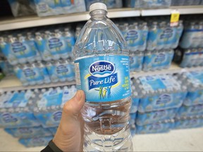 Nestle Pure Life water is pictured on a shelf at a grocery store in North Vancouver, B.C. Monday, Oct. 17, 2016.