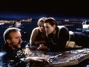 James Cameron, Leonardo DiCaprio and Kate Winslet on the set of Titanic. (20th Century Fox)