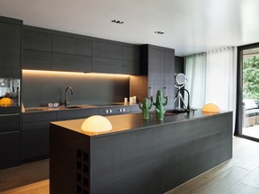 Modern kitchens with black cabinets are on-trend this year.