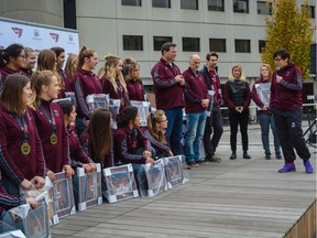 Coach Jen Boyd addresses the University of Ottawa women's rugby team at a rally on Thursday, Nov. 9, 2017 following the squad's national championship win four days earlier. Robert Greeley photo