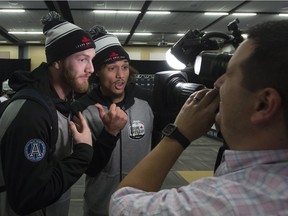 Toronto Argonauts wide receivers Brian Jones (left) and Brian Tyms joke around for a camera during the CFL Grey Cup Media Day, Thursday November 23, 2017 in Ottawa. The Toronto Argonauts will play the Calgary Stampeders in the 105th Grey Cup.