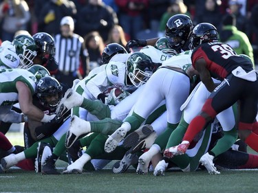 Vernon Adams Jr.

Saskatchewan Roughriders quarterback Vernon Adams Jr. (3) makes a touchdown during a quarterback sneak in Eastern semifinal CFL action against the Ottawa Redblacks, in Ottawa on Sunday, Nov. 12, 2017. THE CANADIAN PRESS/Justin Tang ORG XMIT: JDT106
Justin Tang,