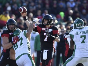 Redblacks QB Trevor Harris throws the ball during the East semifinal loss against the Roughriders on Nov. 12. THE CANADIAN PRESS/Justin Tang