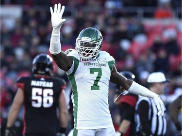 Willlie Jerfferson

Saskatchewan Roughriders' Willie Jefferson (7) gestures as he celebrates blocking a pass by Ottawa Redblacks quarterback Trevor Harris (7), not shown, during second half Eastern semifinal CFL action in Ottawa on Sunday, Nov. 12, 2017. THE CANADIAN PRESS/Justin Tang ORG XMIT: JDT117
Justin Tang,