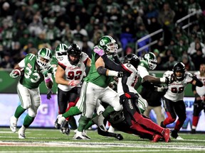 Roughriders’ Trent Richardson runs the ball against the Redblacks last month. The two teams faced each other twice this season, with each team winning a game. THE CANADIAN PRESS/Mark Taylor