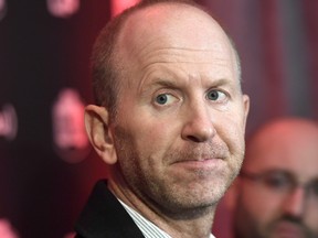 Calgary Stampeders Head Coach Dave Dickenson speaks to reporters at the airport in Ottawa, ahead of his team's Grey Cup match against the Toronto Argonauts, on Tuesday, Nov. 21, 2017. THE CANADIAN PRESS/Justin Tang