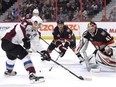 Matt Duchene Craig Anderson Marc Methot
Matt Duchene, left, drives to the net guarded by Craig Anderson (41) in an Avalanche-Senators game in Ottawa on March 2. After Duchene was acquired on Sunday, he and Anderson are teammates who will face the Avalanche in games in Stockholm on Friday and Saturday. THE CANADIAN PRESS/Justin Tang