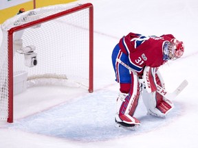 Montreal Canadiens goalie Carey Price reacts after letting in the third goal during second period against the Los Angeles Kings in Montreal on Oct. 26, 2017.