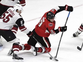 Senators winger Bobby Ryan (9), seen here in action against the Coyotes on Nov. 18, has not scored a goal yet this season, and the team needs an improved offensive production on his part. THE CANADIAN PRESS/Justin Tang