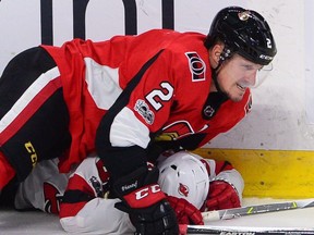 No. 2: Senators defenceman Dion Phaneuf holds Devils centre Blake Coleman against the ice during the second period of a game on Oct. 19. THE CANADIAN PRESS/Sean Kilpatrick