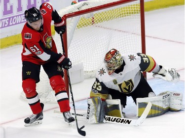 Vegas Golden Knights goalie Maxime Lagace (33) prepares to stop a shot from Ottawa Senators right wing Mark Stone (61) during the third.
