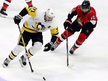 Pittsburgh Penguins centre Evgeni Malkin (71) protects the puck from Ottawa Senators left wing Tom Pyatt.