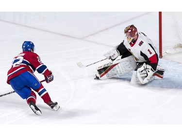 The Canadiens' Jonathan Drouin beats Senators goalie Mike Condon on a penalty shot in the second period.