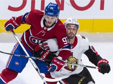 The Ottawa Senators' Gabriel Dumont gets tangled up with the Montreal Canadiens' Jonathan Drouin.