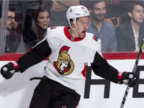 The Senators' Mark Stone celebrates his short-handed goal against the Canadiens in a game at Montreal on Wednesday.
