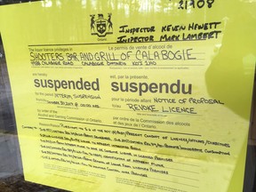 Notice of suspension posted on door of Shooter's Bar & Grill in Calabogie