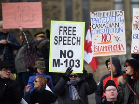 Protesters rally over motion M-103, the Liberal anti-Islamophobia motion, on Parliament Hill in Ottawa on March 21, 2017. (Sean Kilpatrick/The Canadian Press)
