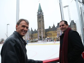 Laurie Boschman, left, and Chris Phillips will be among the former Senators taking part in an alumni game on the Canada 150 Rink on Parliament Hill.