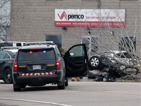 Pembroke OPP vehicles surround a vehicle which was involved in an accident at 10 a.m. Monday on Paul Martin Drive, in front of Pemco Steel. Media reports and the York Regional Police have been stating the vehicle was the subject of an amber alert in Aurora, Ontario.