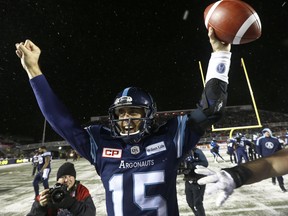 Argos quarterback Ricky Ray celebrates the Grey Cup win in Ottawa Sunday. Tony Caldwell