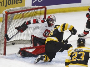 The Ottawa 67's took on the Kingston Frontenacs during the kids school day game at the Canadian Tire Centre in Ottawa Wednesday Nov 1, 2017. Kingston's Ted Nichol scoring his first period goal against the 67's Wednesday.
