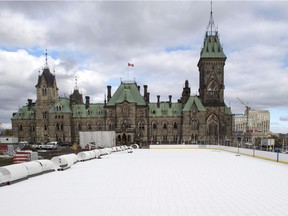 Boards are in place as construction continues at the skating rink on Parliament Hill.