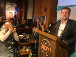 Re-elected Gatineau Mayor Maxime Pedneaud-Jobin addresses supporters on Sunday night.