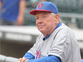 Ottawa Champions manager Hal Lanier watches play against the Winnipeg Goldeyes during American Association baseball in Winnipeg, Man. Sunday July 05, 2015.