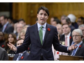 Prime Minister Justin Trudeau rises during question period in the House of Commons, in Ottawa on Wednesday, Nov. 1, 2017.