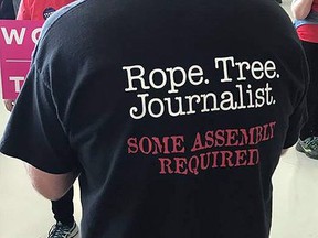 A man is seen wearing the shirt during a rally for Donald Trump in Minnesota last year.