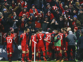 Toronto FC Jozy Altidore scores the winning goal in the 60th minute to defeat Columbus Crew 1-0 to win the Eastern Final advancing to the MLS Cup in Toronto, Ont. on Wednesday November 29, 2017. Jack Boland/Toronto Sun/Postmedia Network