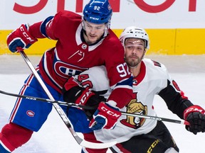 Ottawa Senators' Gabriel Dumont, right, gets up close to Montreal Canadiens' Jonathan Drouin during NHL action on Nov. 29, 2017