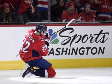 Washington Capitals center Evgeny Kuznetsov, of Russia, celebrates his goal during the second period of an NHL hockey game against the Ottawa Senators, Wednesday, Nov. 22, 2017, in Washington.