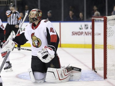 Ottawa Senators goalie Craig Anderson reacts after being scored on during the second period of the NHL hockey game against the New York Rangers, Sunday, Nov. 19, 2017, in New York. (AP Photo/Seth Wenig)