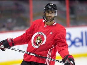 Johnny Oduya on the ice as the Ottawa Senators continue to practice at the Canadian Tire Centre during training camp.