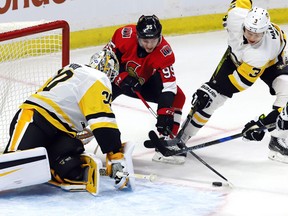 Ottawa Senators centre Matt Duchene tries to get a shot on Pittsburgh Penguins goalie Matt Murray on Nov. 16, 2017