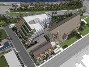 Windmill Development Group and Southminister United Church are proposing to demolish an assembly hall and build four townhouses and a six-storey apartment building beside the church at 1040 Bank St. in Old Ottawa South. Source: Development application