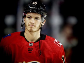 Calgary Flames Matthew Tkachuk during the pre-game skate before facing the Pittsburgh Penguins in NHL hockey at the Scotiabank Saddledome in Calgary on Thursday, November 2, 2017.