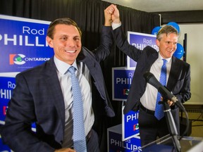 Ontario PC Party leader Patrick Brown celebrates Rod Phillips' nomination acceptance in Ajax on Wed., Nov. 22, 2017.