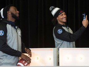 Toronto Argonauts wide receiver Brian Tyms records slotback S.J. Green during Media Day on Nov. 23, 2017